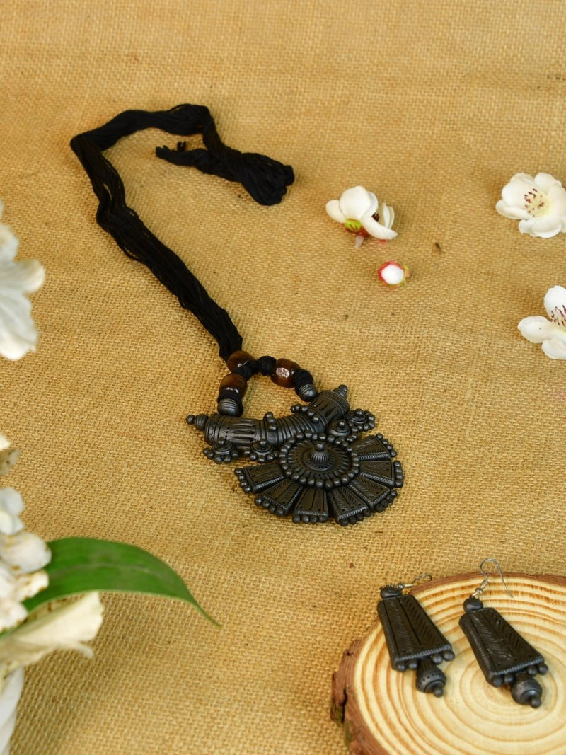 Sowpeace Handcrafted Terracotta Necklace: Crescent Pendant with Petal Design – view 3