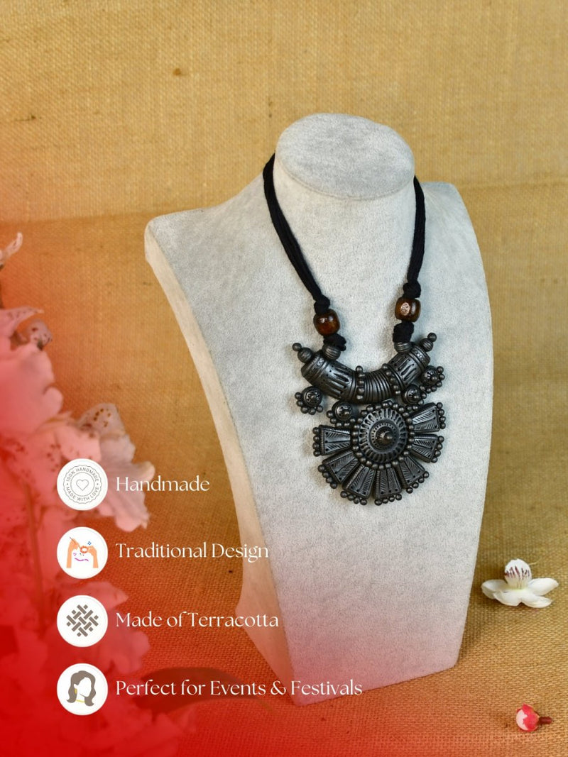 Sowpeace Handcrafted Terracotta Necklace: Crescent Pendant with Petal Design – view 5