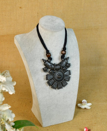 Sowpeace Handcrafted Terracotta Necklace: Crescent Pendant with Petal Design — alternate view