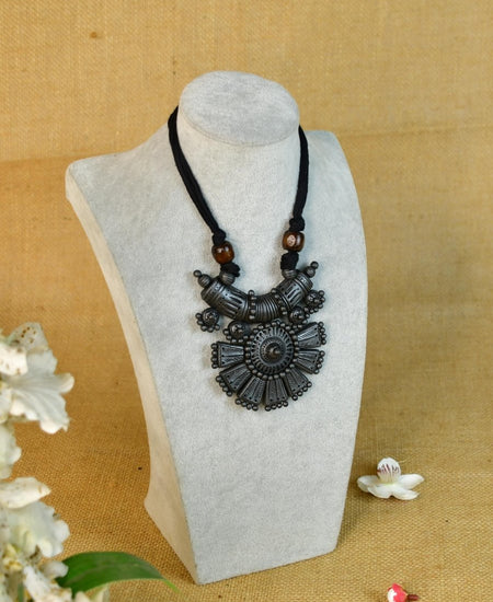 Sowpeace Handcrafted Terracotta Necklace: Crescent Pendant with Petal Design