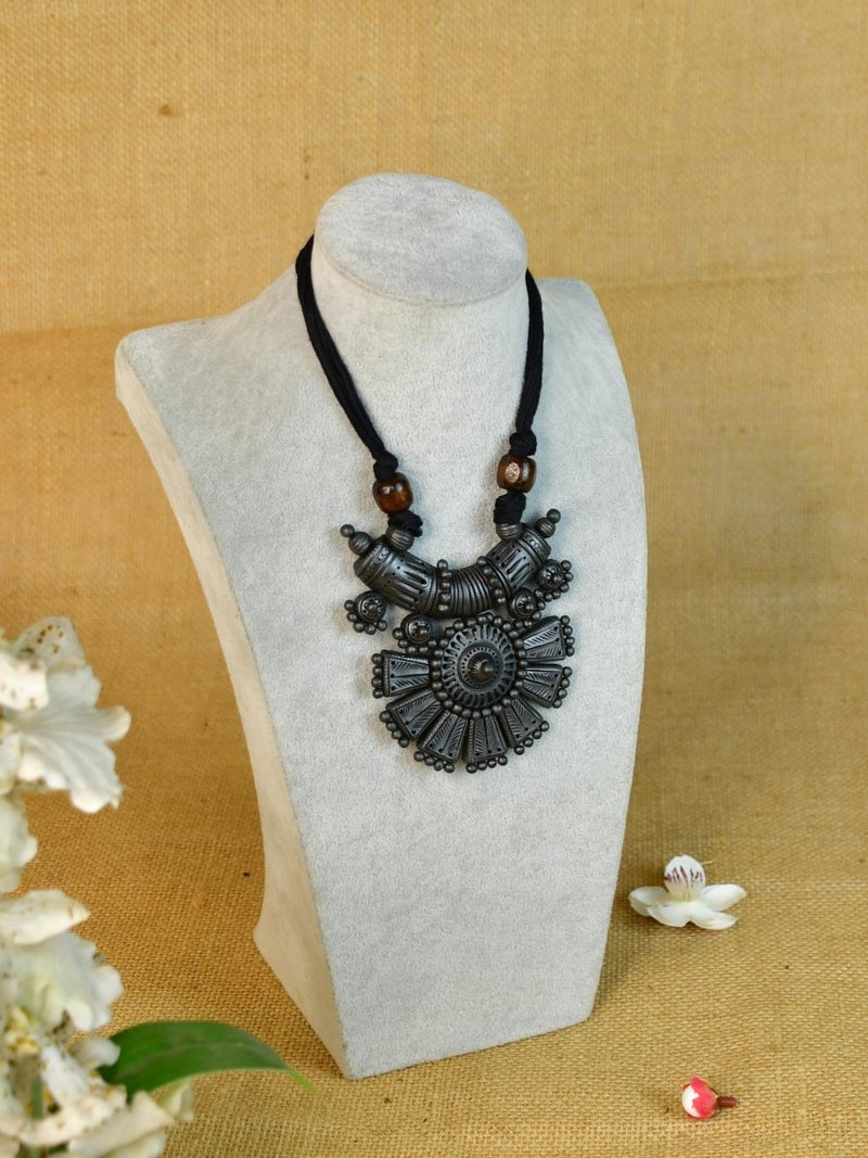 Sowpeace Handcrafted Terracotta Necklace: Crescent Pendant with Petal Design – view 2