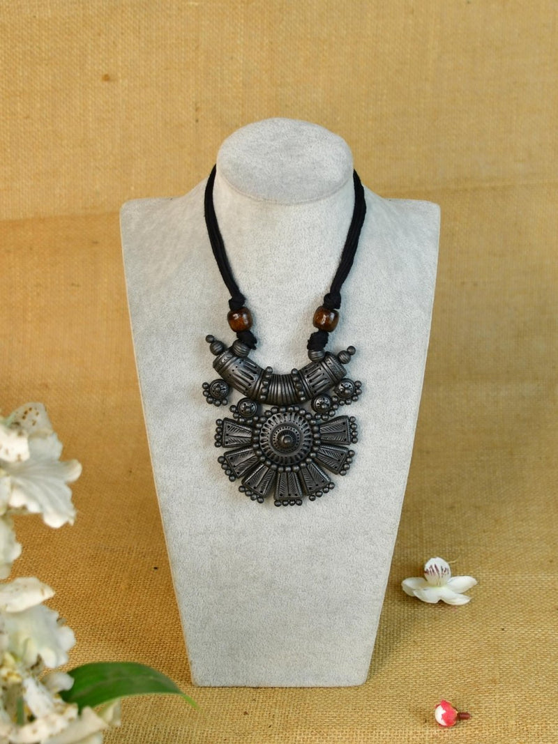 Sowpeace Handcrafted Terracotta Necklace: Crescent Pendant with Petal Design – view 1