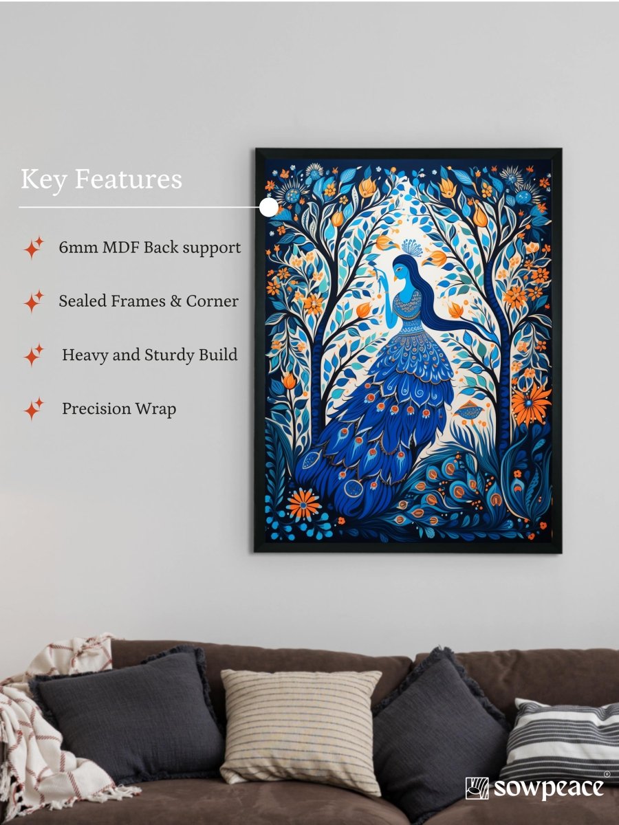 Sowpeace Harmony: Handcrafted Blue Women & Peacock Art – Premium Indian-Inspired Canvas Print for Elegant Decor