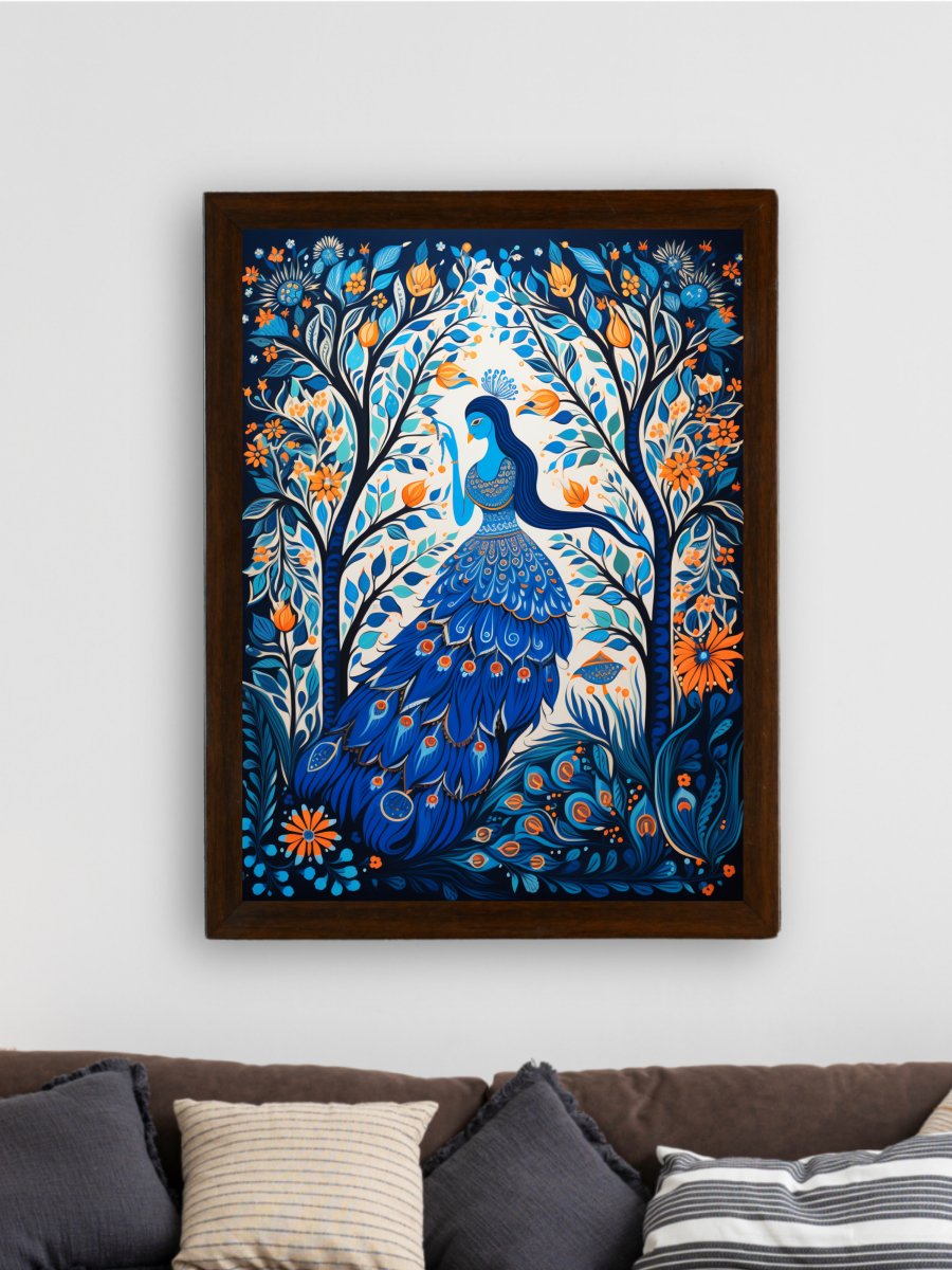 Sowpeace Harmony: Handcrafted Blue Women & Peacock Art – Premium Indian-Inspired Canvas Print for Elegant Decor