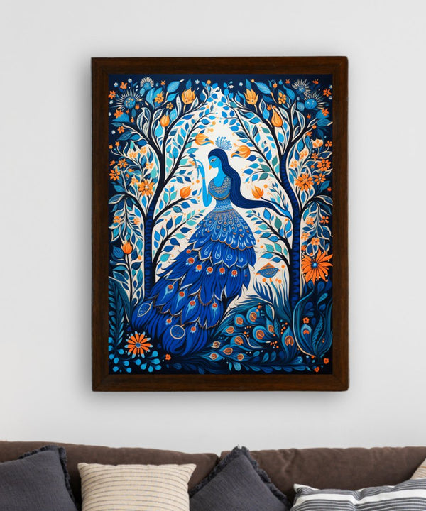 Sowpeace Harmony: Handcrafted Blue Women & Peacock Art – Premium Indian-Inspired Canvas Print for Elegant Decor — image 3