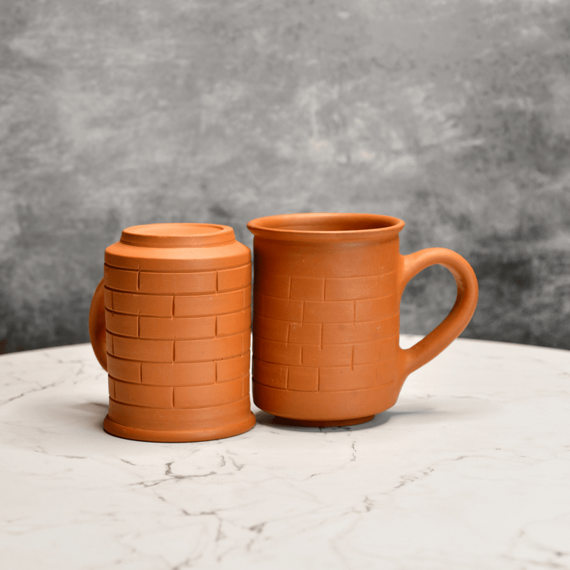 Sowpeace Premium Unglazed Terracotta Imprinted Drink Mugs (Set of 2) | Handcrafted Rustic Brown Coffee & Tea Cups for Gifting & Daily Use – view 1