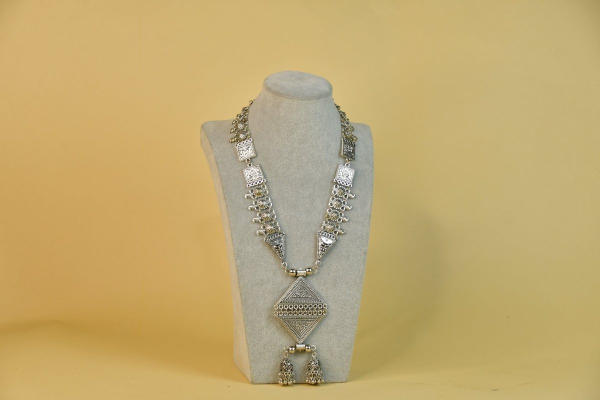 Sowpeace Rhombus Pendant Necklace: German Silver, Black & Dzi Beads