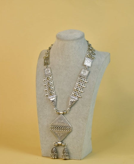 Sowpeace Rhombus Pendant Necklace: German Silver, Black & Dzi Beads