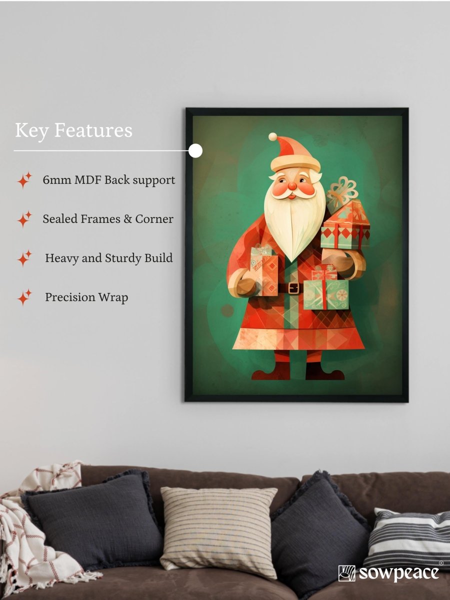 Sowpeace Santa: Premium Ho-Ho-Holiday Bliss Canvas – Handcrafted Indian-Inspired Wall Art for Festive Home Decoration