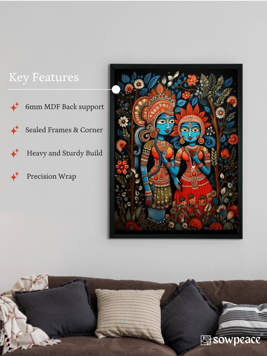 Sowpeace Serenity: Handcrafted Krishna & Radha's Bliss – Premium Indian-Inspired Canvas Wall Print for Spiritual Home Decor