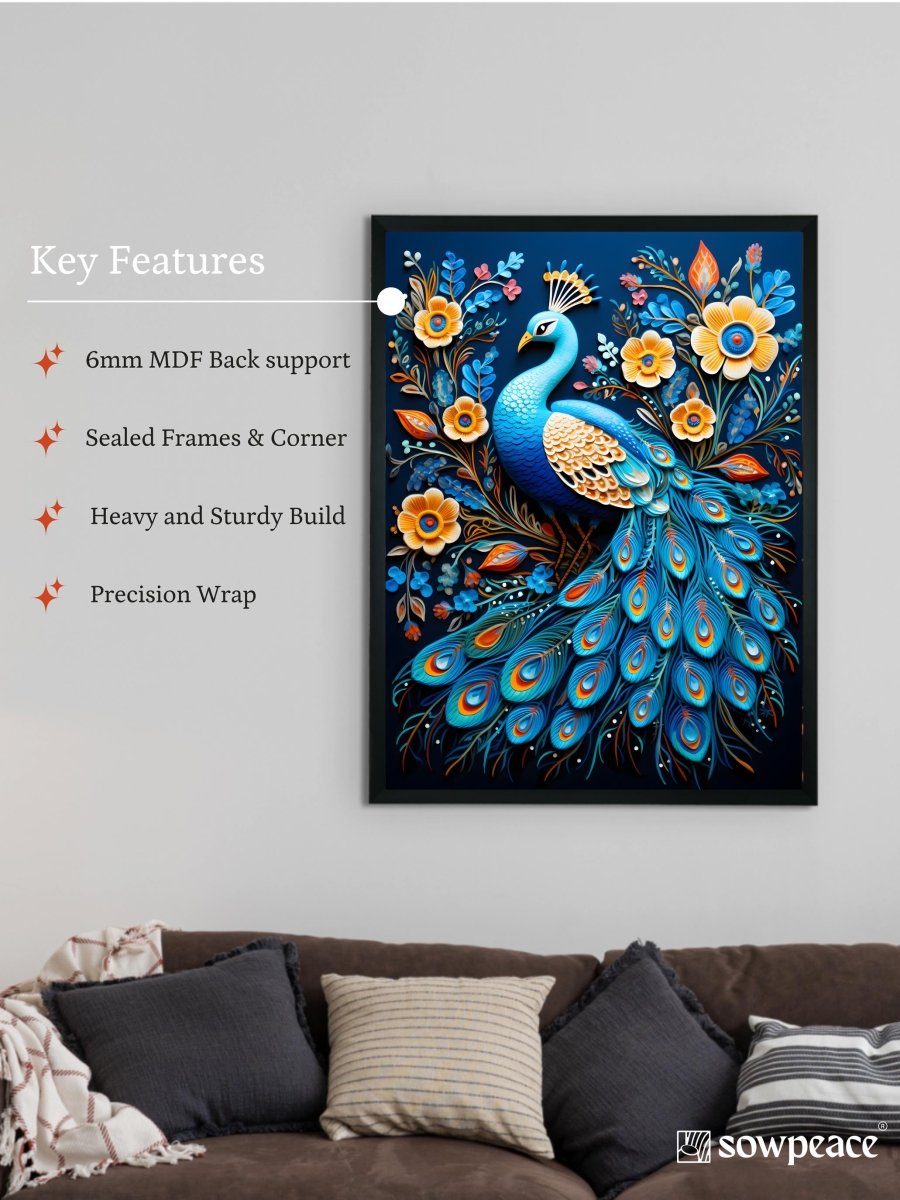 Sowpeace Serenity: Handcrafted Peacock Blooms Tranquility – Premium Canvas Art for Elegant and Peaceful Home Decor - Wall painting - Chitran by sowpeace - Sowpeace Serenity: Handcrafted Peacock Blooms Tranquility – Premium Canvas Art for Elegant and Peaceful Home Decor - Sowpeace