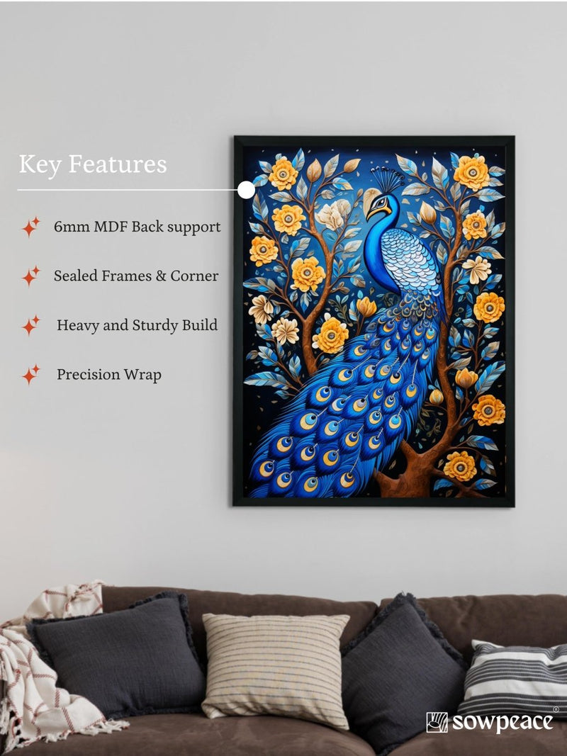 Sowpeace Serenity: Handcrafted Peacock's Tranquil Aura – Premium Indian-Inspired Canvas Art for Elegant Home Decor – view 6