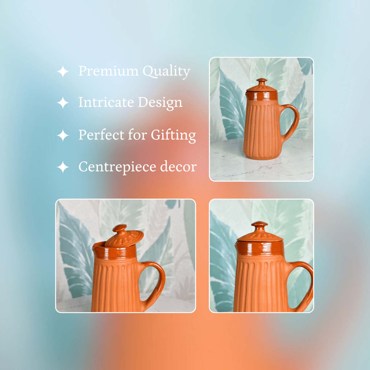 Sowpeace Small Terracotta Ceramic Pitcher with Lid – Handcrafted Mini Water Jug for Rustic Kitchen & Table Décor – 1000ml - Sowpeace - 