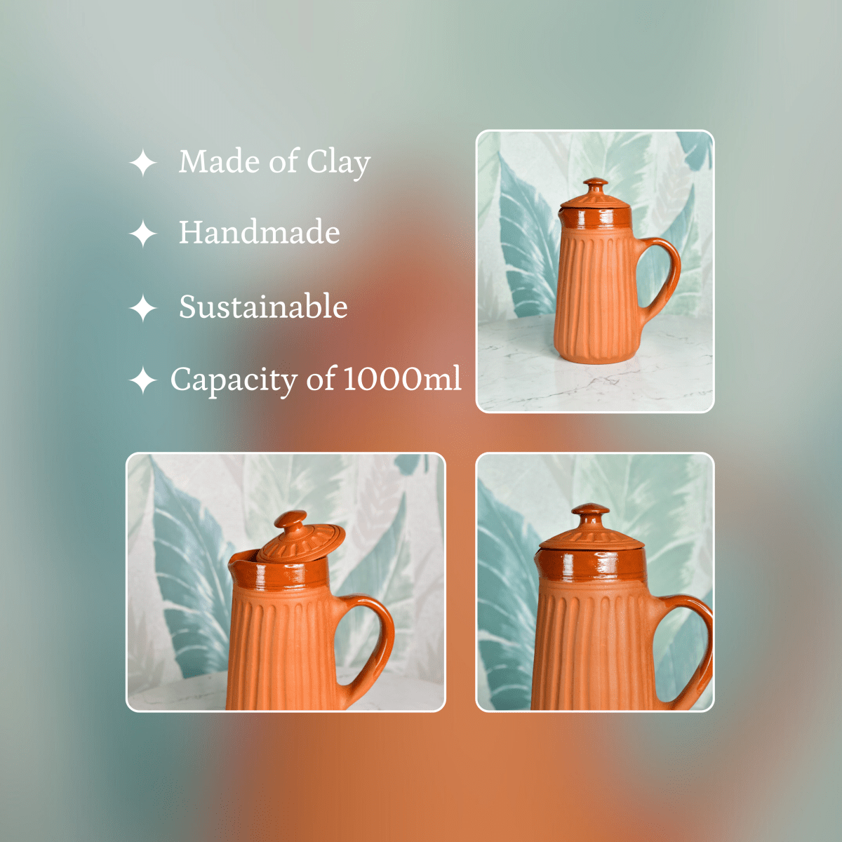 Sowpeace Small Terracotta Ceramic Pitcher with Lid – Handcrafted Mini Water Jug for Rustic Kitchen & Table Décor – 1000ml