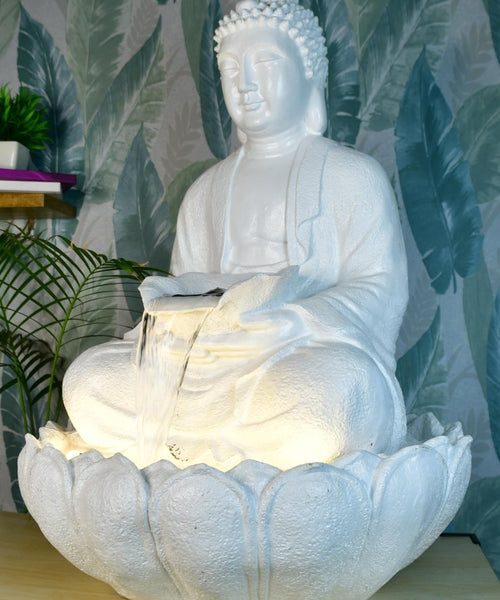 Sowpeace White Buddha Water Fountain – Elegant Buddha Sitting Waterfall for Tranquil Home Decor & Gifts