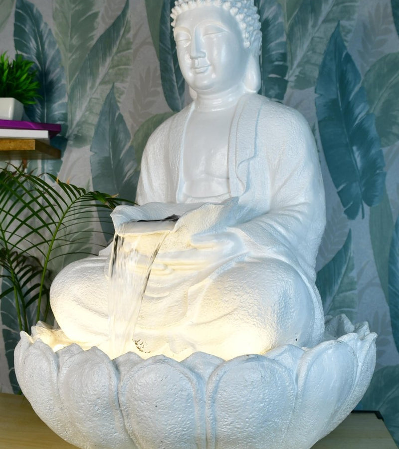 Sowpeace White Buddha Water Fountain – Elegant Buddha Sitting Waterfall for Tranquil Home Decor & Gifts