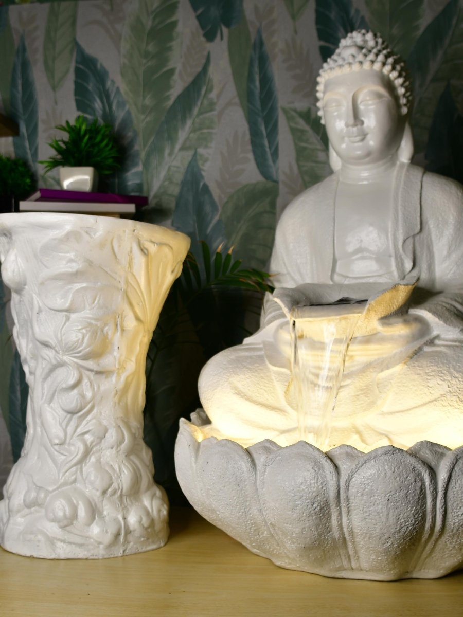 Sowpeace White Buddha Water Fountain – Elegant Buddha Sitting Waterfall for Tranquil Home Decor & Gifts