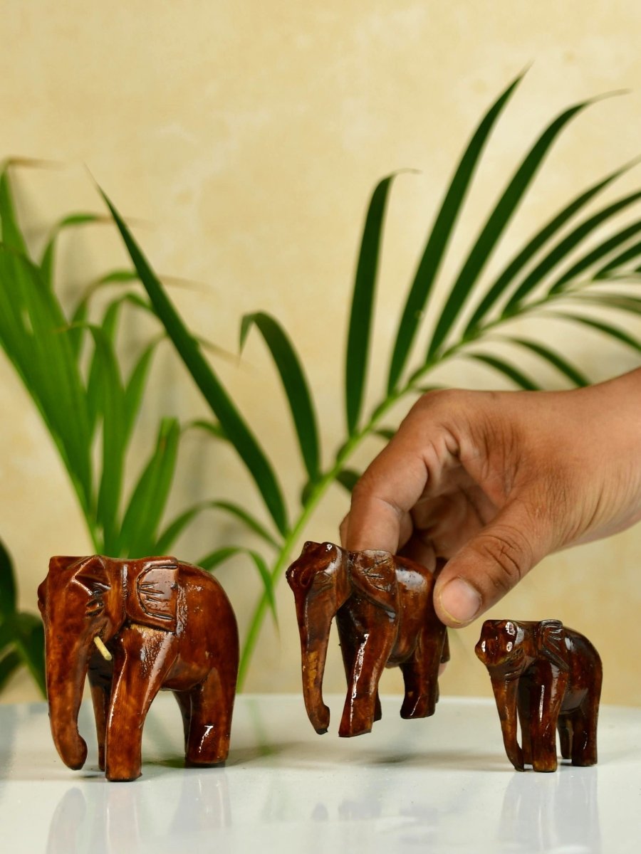 Sowpeace Wooden Descending Elephant Set of 3: Artisan Tabletop Decor - Sowpeace - Sowpeace Wooden Descending Elephant Set of 3: Artisan Tabletop Decor - Wood - WDDE - WDN - TT - Sowpeace