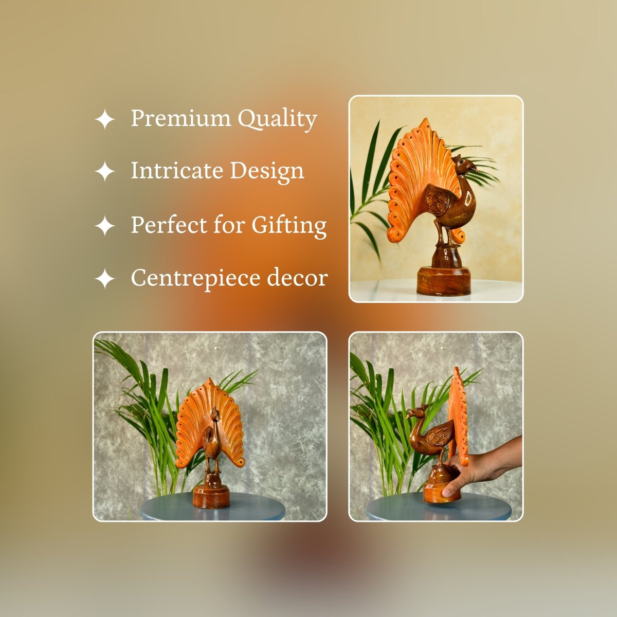 Sowpeace Wooden Peacock: Artisan Bicolor Tabletop Decor - Tabletop - Sowpeace - Animal - New Arrivals