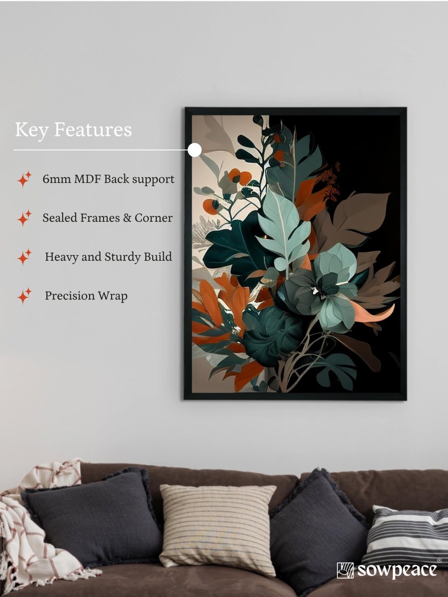 Sowpeace's Handcrafted Botanical Abstract Wall Art – Sea Green & Earth Black, Premium Indian-Inspired Decor