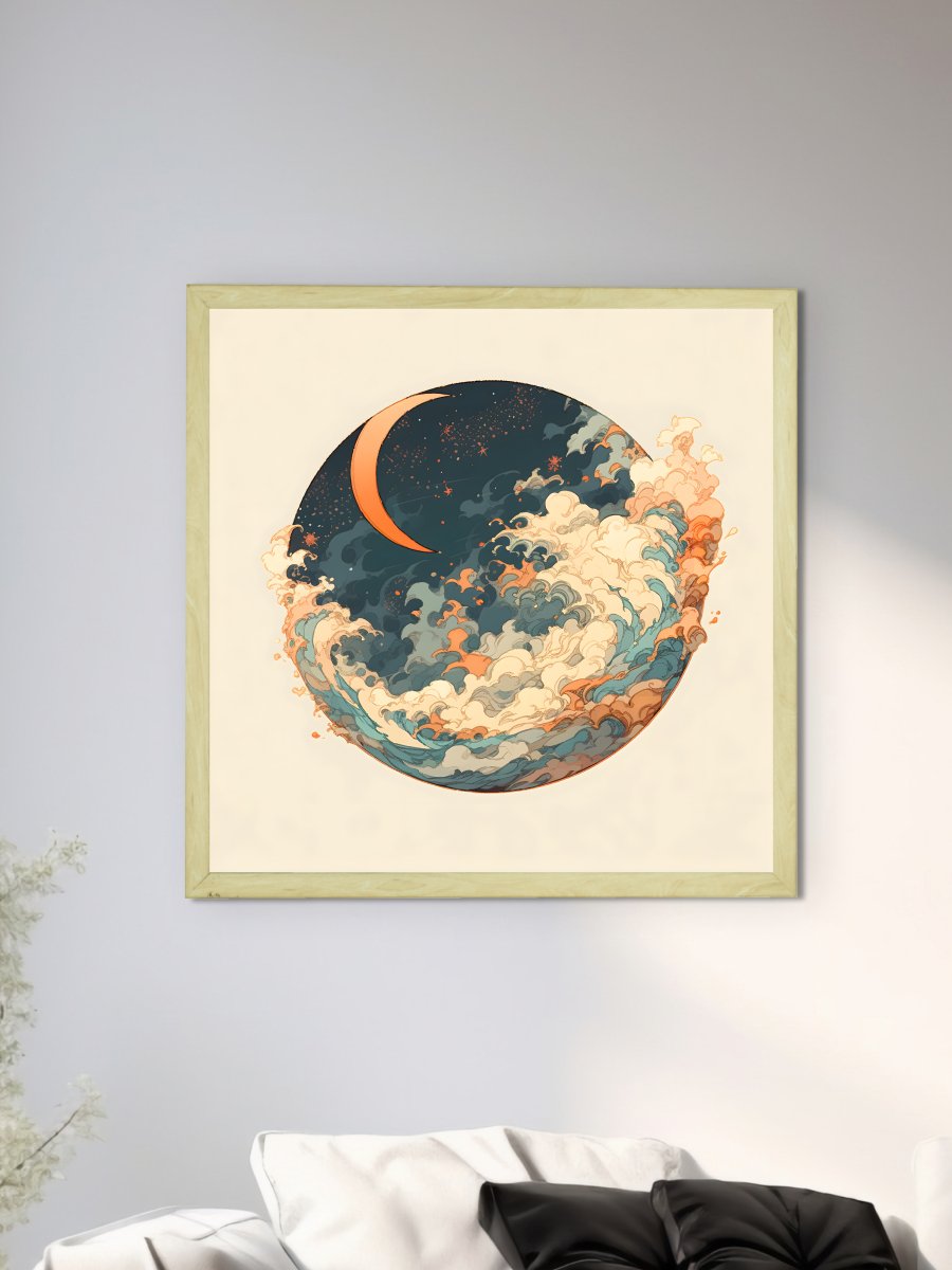 Sowpeace's Handcrafted Moon Over Earth Line Art – Premium Indian-Inspired Canvas Print for Contemporary Home Decoration