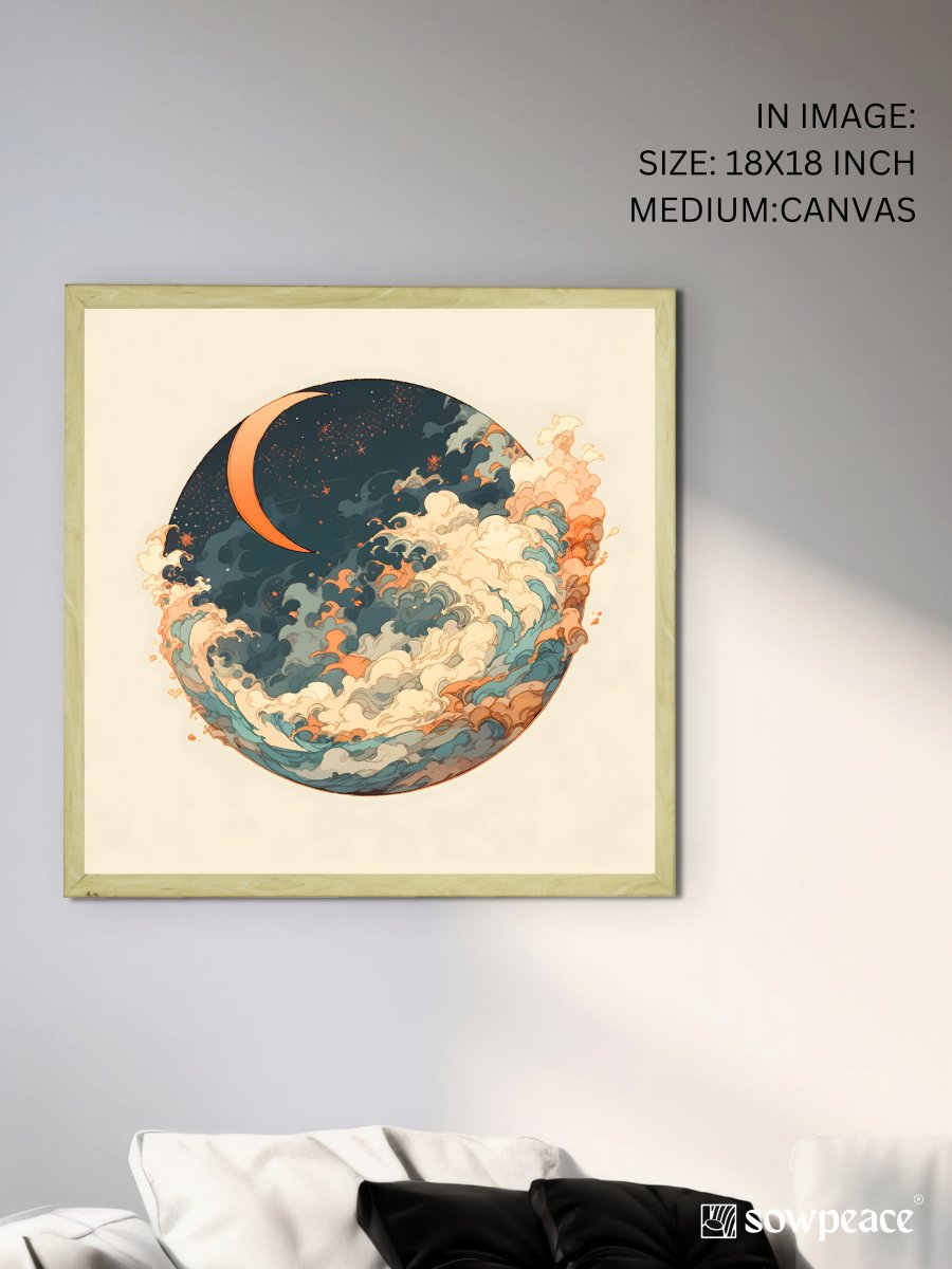 Sowpeace's Handcrafted Moon Over Earth Line Art – Premium Indian-Inspired Canvas Print for Contemporary Home Decoration