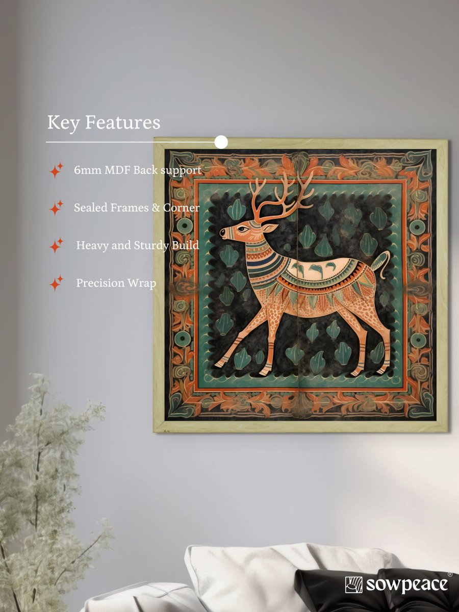 Sowpeace's Handcrafted Premium Pichwai Reindeer Abstract Wall Painting – Canvas Decor for Elegant and Cultural Interiors