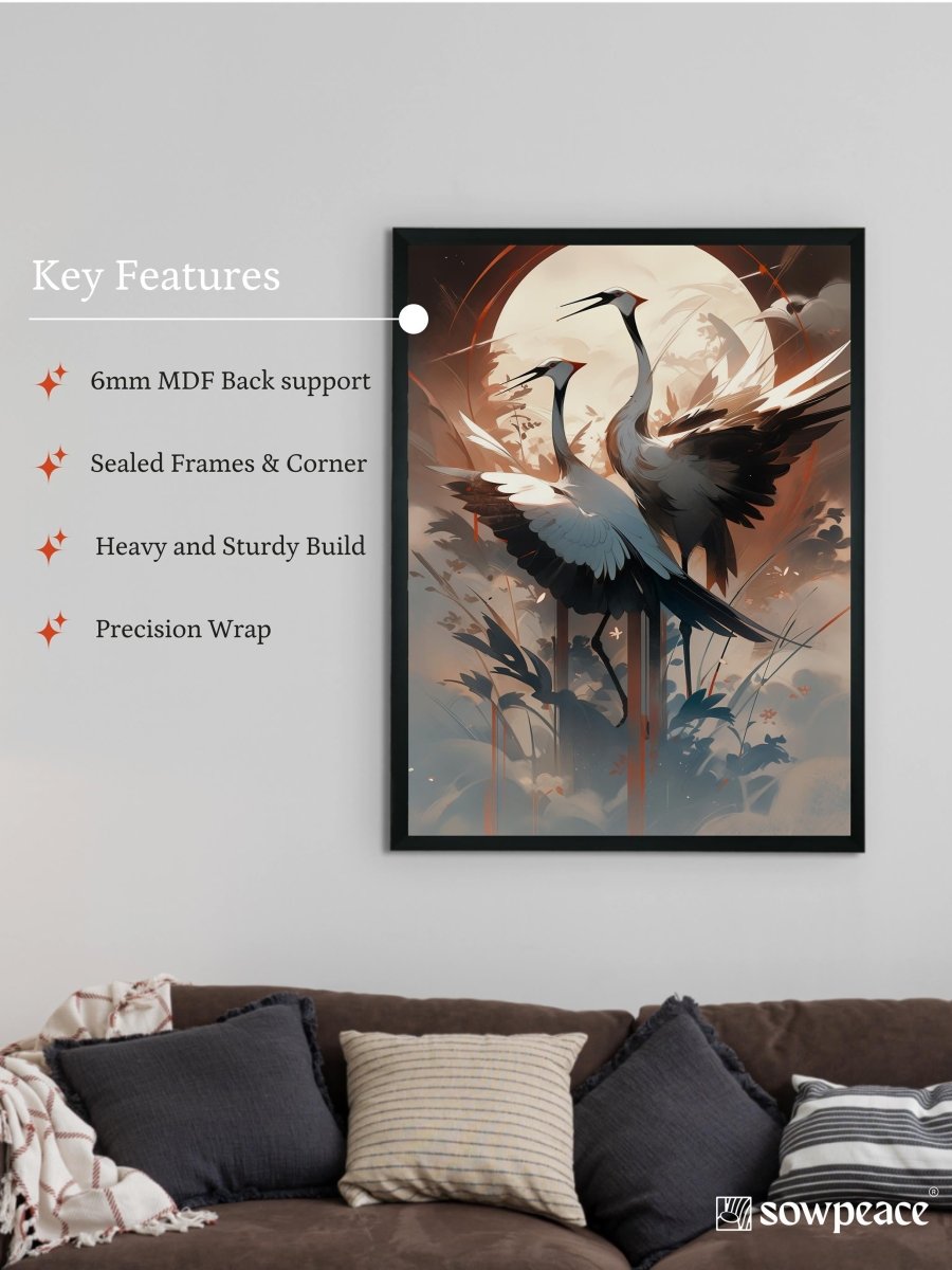 Sowpeace's Handcrafted Sarus Crane Abstract Sky Wall Art – Premium Set of 2, Indian-Inspired Canvas Prints for Modern Home Decor