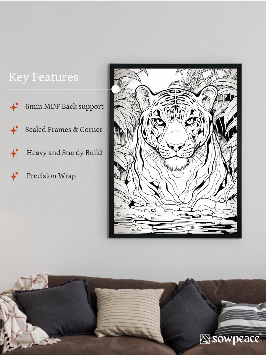 Stripes of Serenity: Sowpeace Handcrafted Tiger Wall Art – Premium Indian-Inspired Canvas Print for Elegant Home Decor