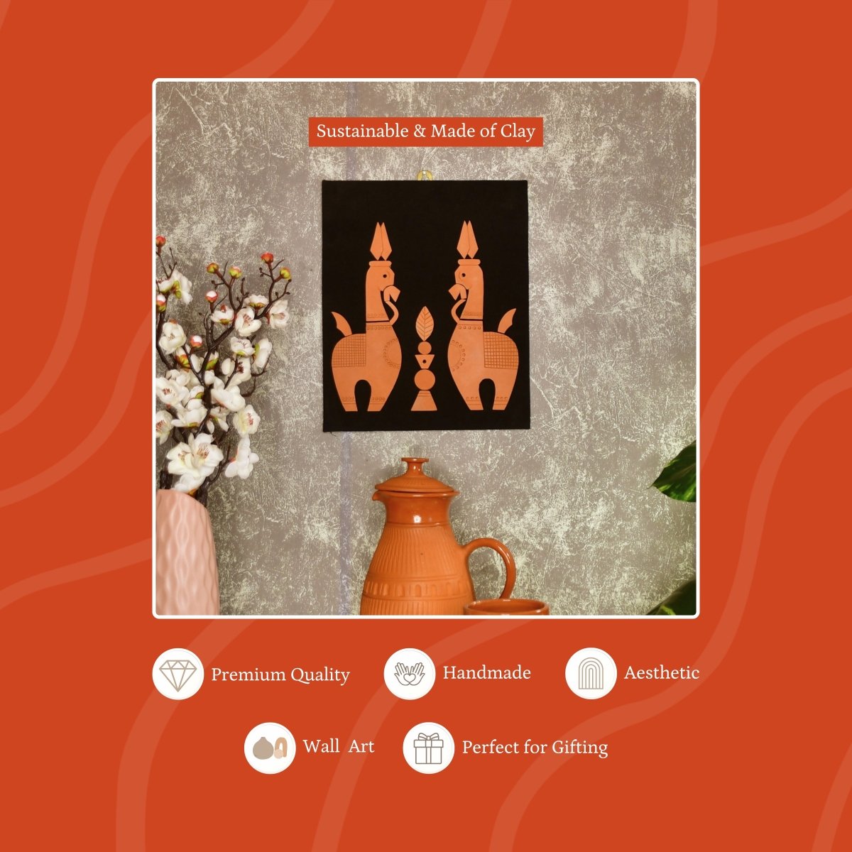 Terracotta Horse Wall Art: Artisan Home Decor - Sowpeace - Animal - God Idols
