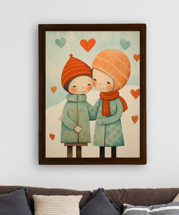 Warmth Within: Sowpeace's Premium Boy & Girl Winter Canvas Art – Handcrafted Indian-Inspired Prints for Cozy Holiday Decor — image 3