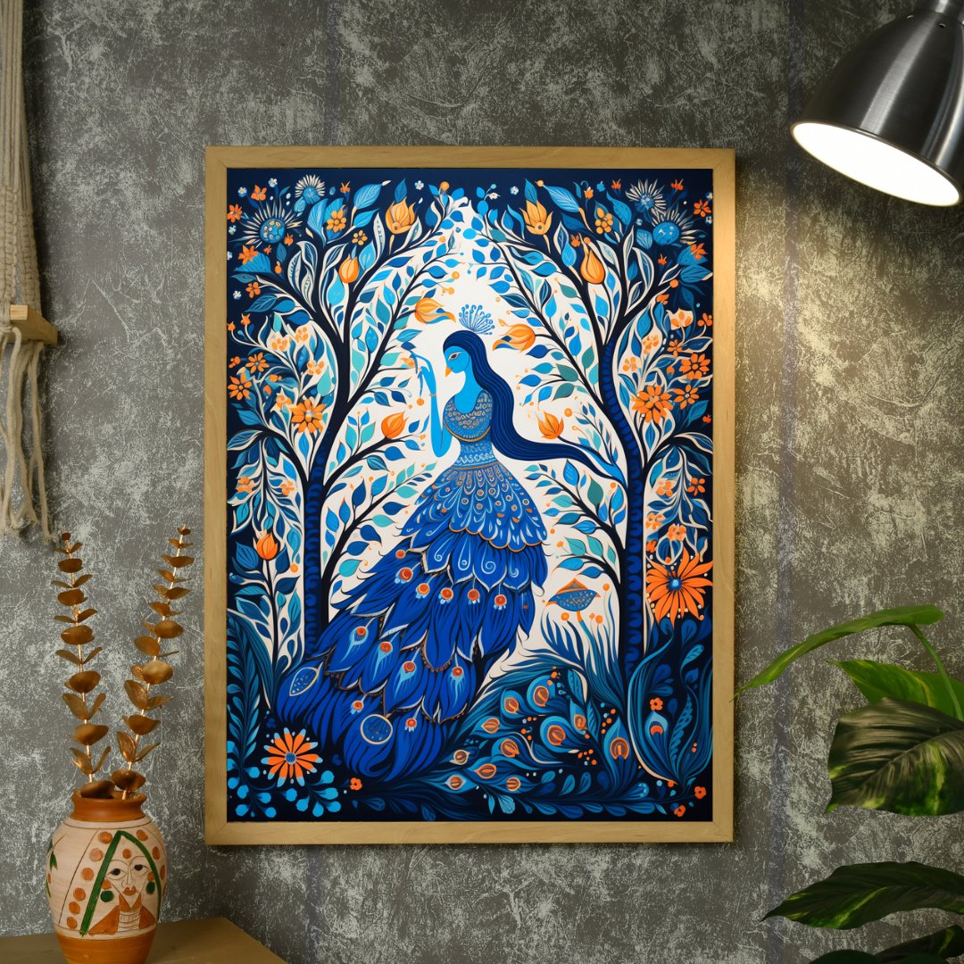 Sowpeace Harmony: Handcrafted Blue Women & Peacock Art – Premium Indian-Inspired Canvas Print for Elegant Decor