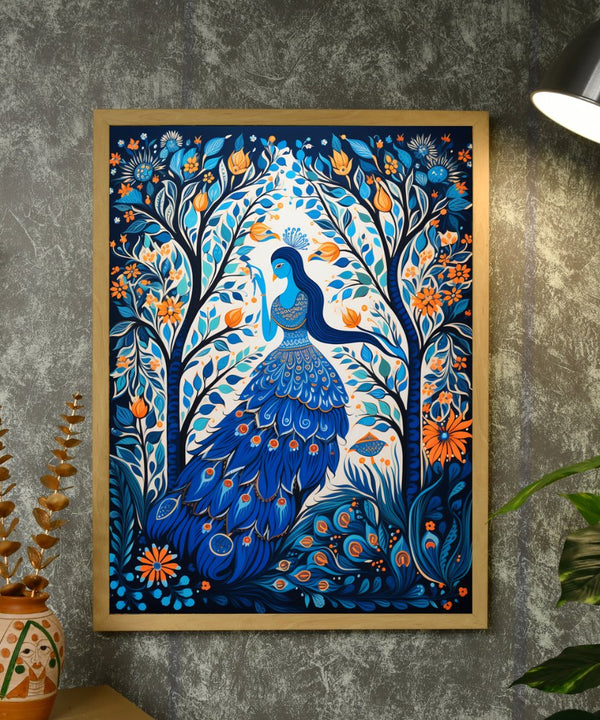 Sowpeace Harmony: Handcrafted Blue Women & Peacock Art – Premium Indian-Inspired Canvas Print for Elegant Decor — image 4