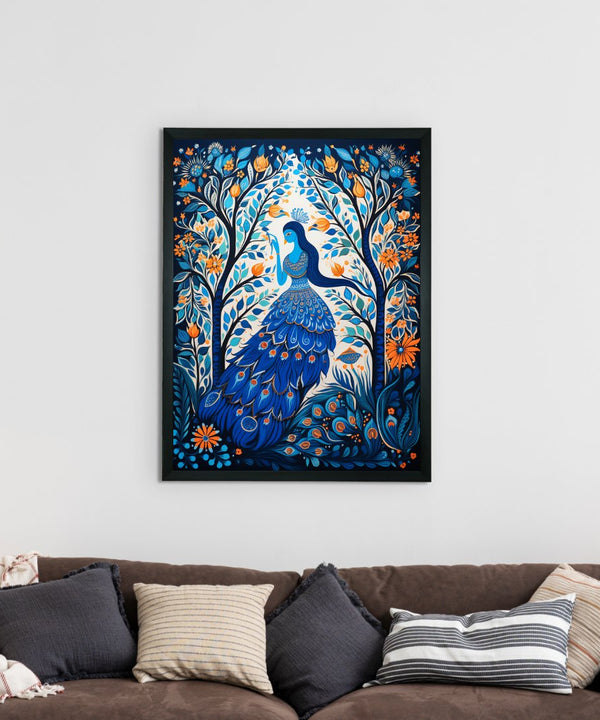 Sowpeace Harmony: Handcrafted Blue Women & Peacock Art – Premium Indian-Inspired Canvas Print for Elegant Decor — image 2