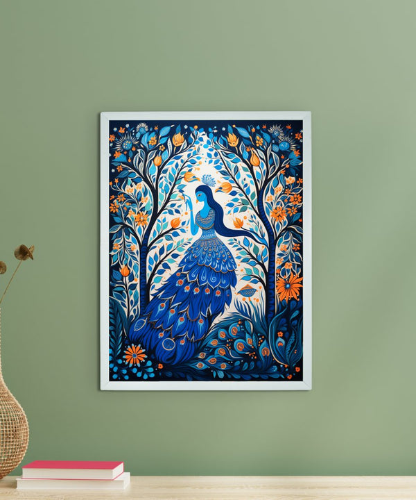 Sowpeace Harmony: Handcrafted Blue Women & Peacock Art – Premium Indian-Inspired Canvas Print for Elegant Decor — main view