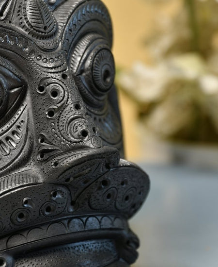 Unique Black Terracotta Asur Mask with Vase - Artisan Home Décor