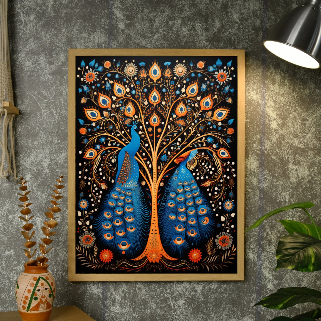 Twin Flames: Handcrafted Enchanting Peacock Print – Premium Indian-Inspired Canvas Art for Modern Home Decoration