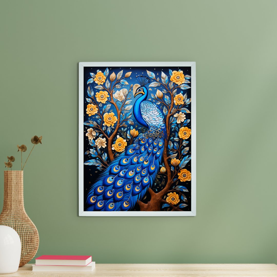 Sowpeace Serenity: Handcrafted Peacock's Tranquil Aura – Premium Indian-Inspired Canvas Art for Elegant Home Decor