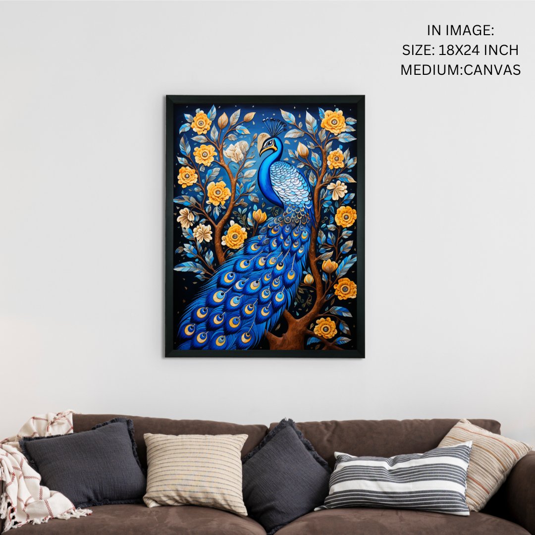 Sowpeace Serenity: Handcrafted Peacock's Tranquil Aura – Premium Indian-Inspired Canvas Art for Elegant Home Decor